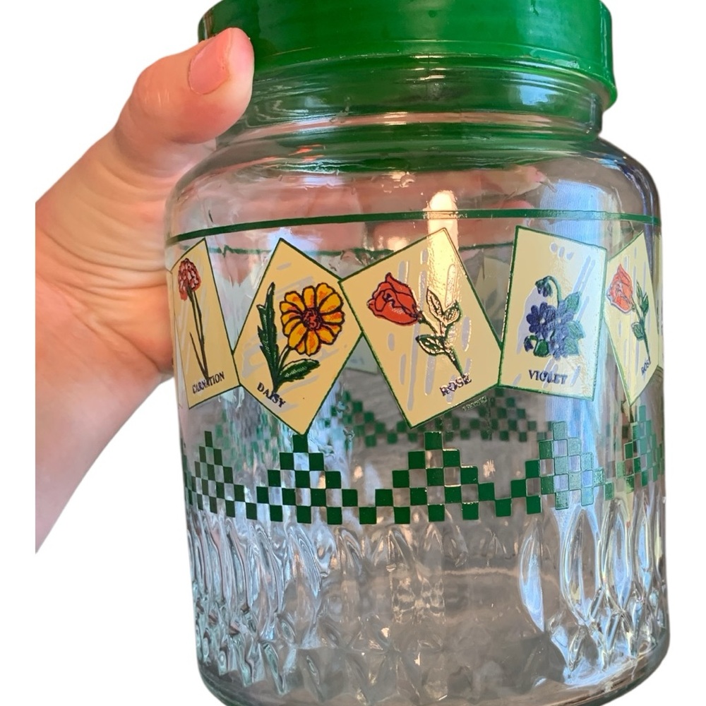 1980s Vintage Glass Storage with Floral Illustrations Retro Functional Kitchen
